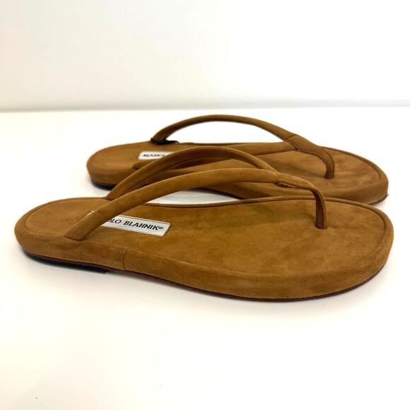 Manolo Blahnik Shoes - Manolo Blahnik Brown Suede Thong Sandal Flats 37.5 NEW Tan Round Toe Shoes